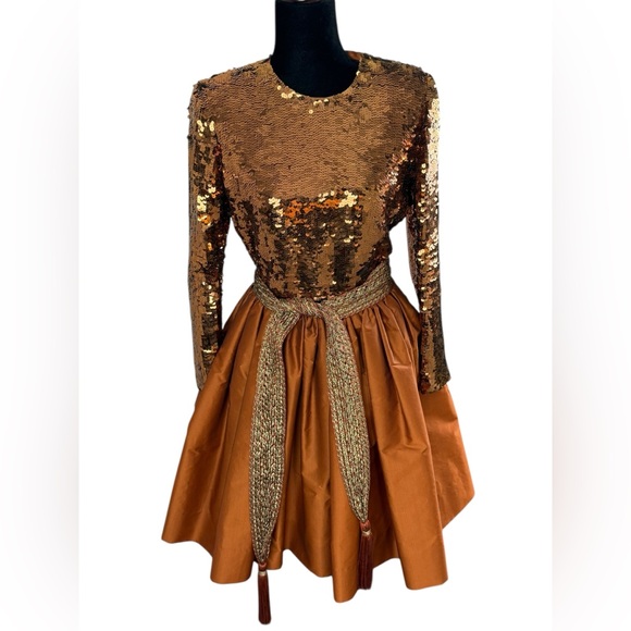 Vintage Oscar de la Renta Studio Sequin and Silk Bronze Formal Mini Dress - Picture 11 of 15